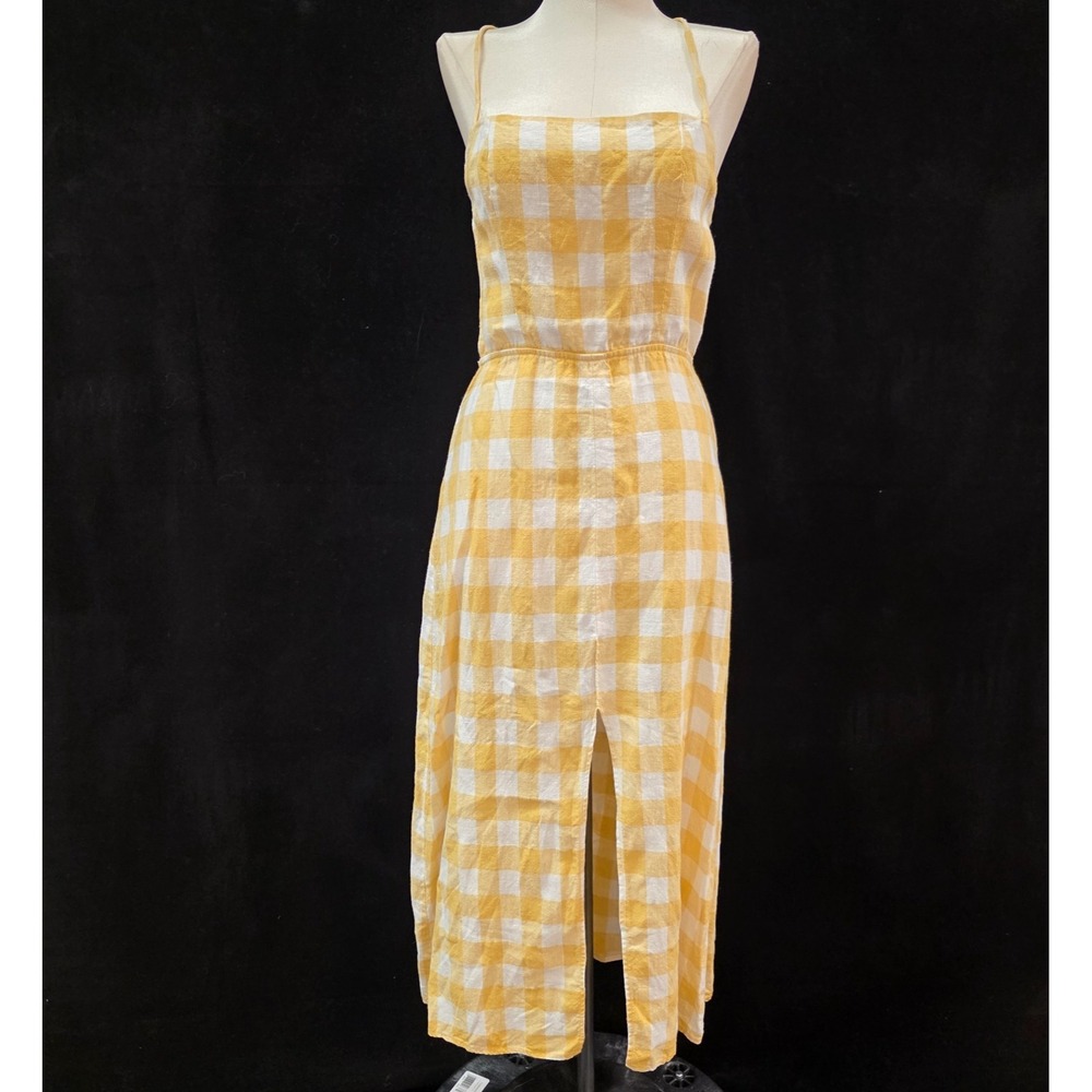 Reformation Nia Midi Dress Size 2 Linen Plaid Yellow‎ Strappy Back Square Neck